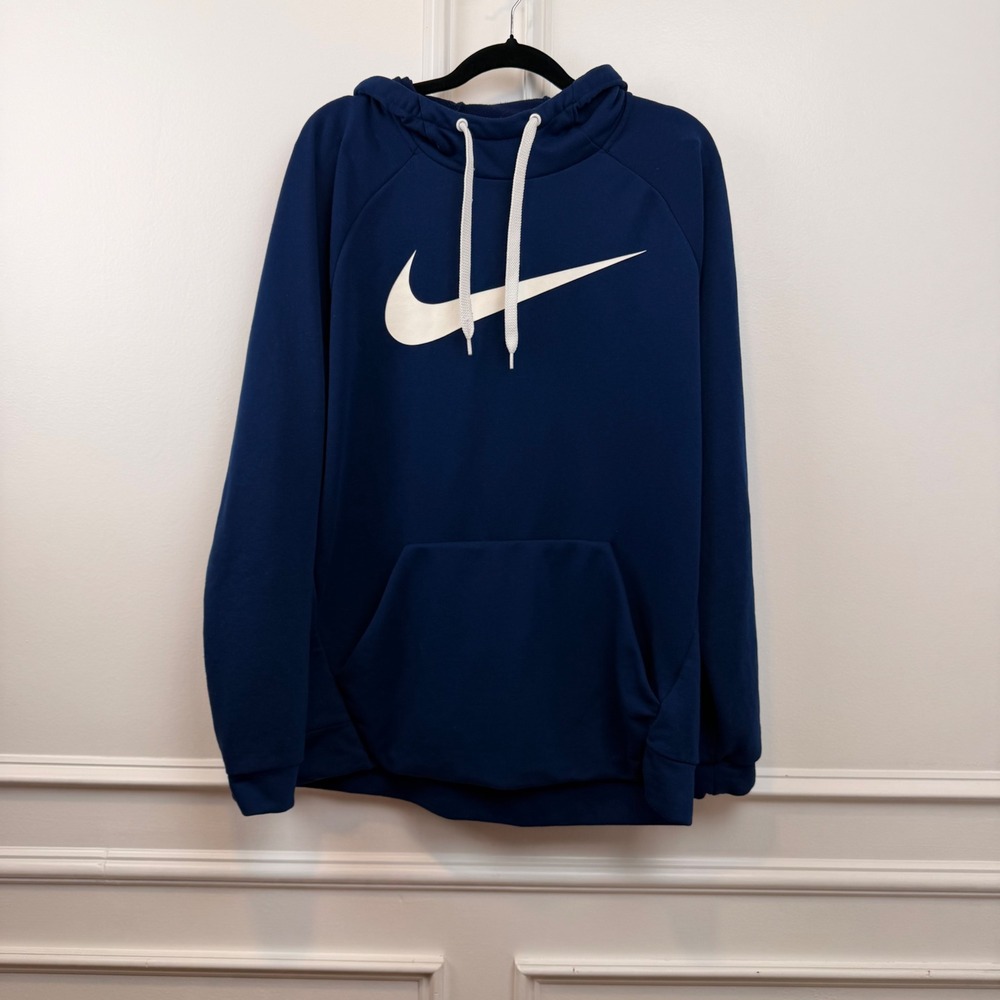 Nike Mens Dri-FIT Swoosh Hoodie Navy Blue White Large Training Sweatshirt